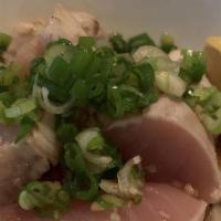 Albacore Tataki / 白マグロタタキ · Seared albacore tuna in special ponzu sauce.