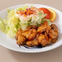 Spicy Chicken / スパイシーチキン · Deep fried chicken marinated in spicy teriyaki sauce. (Salad not included)