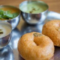 Medhu Vada (2) · Urad dal fritters served with sambar and chutney.