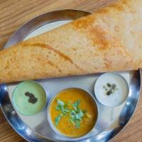 Plain Dosa · Crispy rice and lentil crepes served with sambar and chutney.