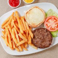 Hamburger · Quarter pound beef patty on toasted bun with lettuce, tomato, and onion.