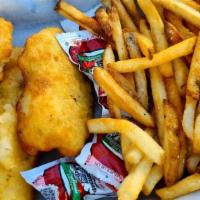 Fish And Chips · Beer battered cod and fries. Served with tartar sauce.
