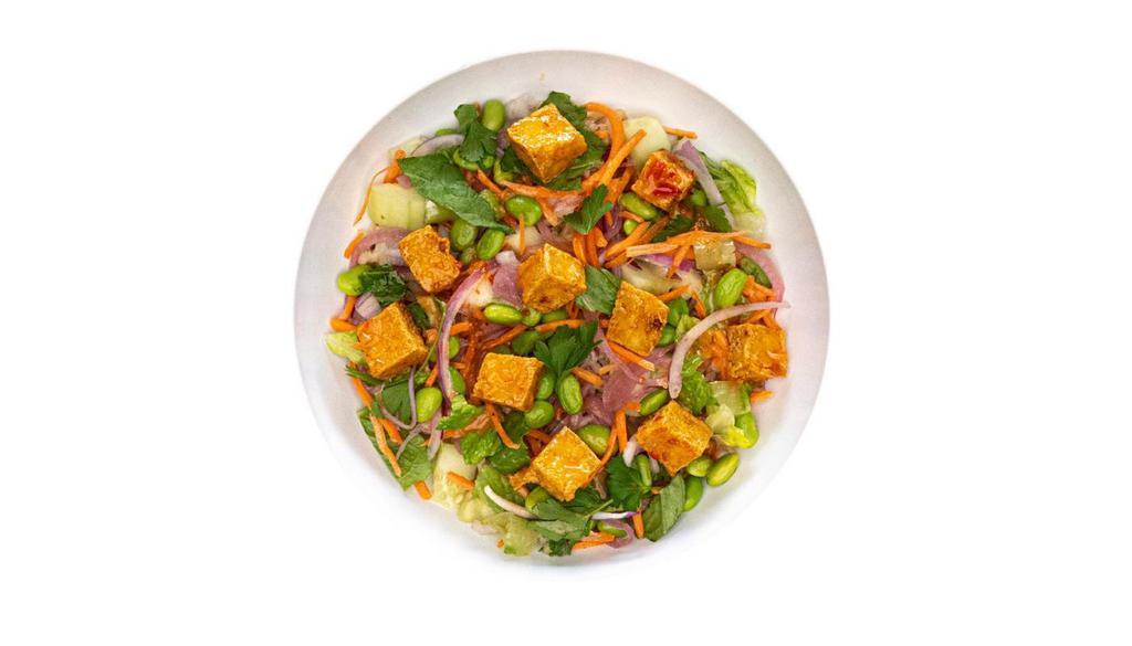 Thai Rice Bowl · Romaine | Brown Rice | Cucumbers | Red Onions | Pickled Onions | Edamame | Carrots | Cilantro | Sweet Chili Tofu. Suggested Dressing: Thai Chili