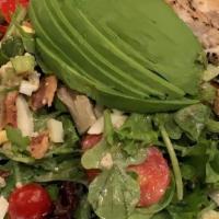 Chicken Cobb Salad · Chopped romaine lettuce with grilled chicken breast, tomatoes, crispy bacon, avocado, egg, d...