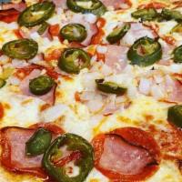 The Spicy Hawaiian Pizza · Our the spicy Hawaiian is topped with Canadian bacon, jalapenos and pineapple.