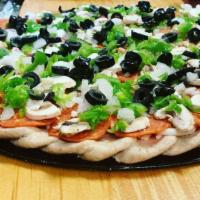Classic Veggie Pizza · Mushrooms, black olives, green peppers and onions.