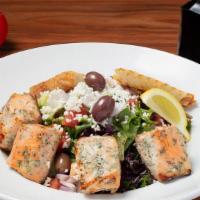 Mediterranean Greek Salad · Mixed Greens, Onions, Roma Tomatoes, Cucumbers, Kalamata Olives and Feta Cheese with Balsami...