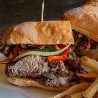 Beef Tenderloin Steak Sandwich · Provolone, caramelized onions, mushrooms, bell peppers,. and mayo. Served with hand-cut fries