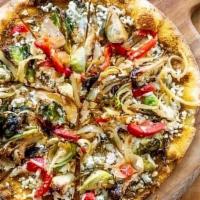 Garden & Goat Pizza (Veg) · Brussels sprouts, goat cheese, caramelized onions,. fire-roasted red bell peppers, crushed r...