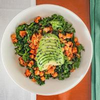 Kale & Hearty Salad (Vegan) · Organic green lacinato kale, avocado, sweet potatoes, chick peas and sesame seeds.