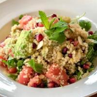 Organic Quinoa Salad (Vegan) · Organic black and white quinoa with watermelon,avocado, pomegranate, shaved almond flakes, m...