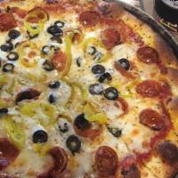 Pizza · Toppings: chicken steak pepperoni sausage feta bacon ham onions green peppers spinach mushro...