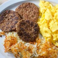 2 Eggs & Turkey Sausage · 2 eggs your way, Turkey Sausage ,and Hash browns ,Home Fries,or Grits and Toast & Jelly