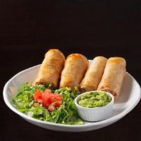 Chicken Flautas ~ · Two ﬂour tortillas ﬁlled with shredded chicken, rolled & fried to a golden brown.
Served wit...