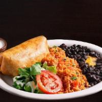 Chimichanga ~ · A fried burrito with your choice of meat and cheese inside. Served crispy with sour cream an...