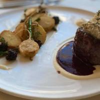 Fillet Mignon* · Asparagus, potato confit, candy cane beets, 
whipped black pepper + herb butter, blackberry ...