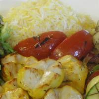 Sorrento'S Chicken Breast Kabob Platter · Served with mixed green salad, salad Shirazi, saffron basmati rice and grilled vegetables an...