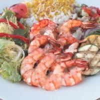 Sorrento'S Shrimp Kabob Platter · Served with mixed green salad, salad Shirazi, saffron basmati rice and grilled vegetables an...