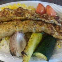Grilled Ground Chicken Kabob · Two juicy strips of slightly spicy seasoned ground chicken. Served with grilled vegetables a...
