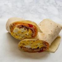 Wall Street Burrito · Two eggs, ham, cheddar, tomato,onion and salsa