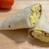 La Jollan Burrito · Two eggs, crispy bacon, cream cheese, tomato and onion