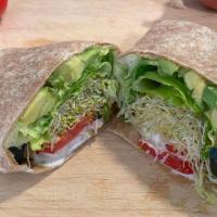 Garden Wrap · Avocado, lettuce, sprouts, tomato, cucumber and onion in a whole wheat wrap.  Ranch Dressing.