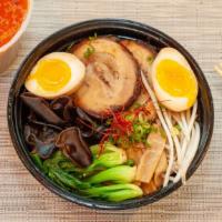 Akamaru Modern Ramen (Thick Noodle) · Shoyu base in pork bone broth with chili oil, pork belly, egg, fish cake, wood ear, bok choy...
