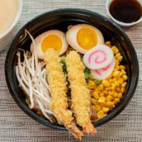 Tempura Shrimp Special Ramen · Tonkatsu base in pork bone broth, corn, bamboo, bean sprouts, egg, fish cake, scallions, 2 t...