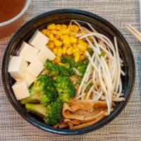 Vegetables Ramen · Shoyu soy base in mushroom broth, broccoli, corn, bamboo, bean sprouts, steamed tofu, scalli...