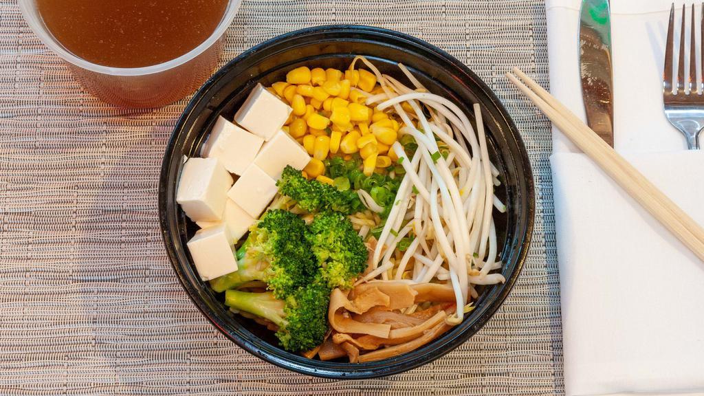 Vegetables Ramen · Shoyu soy base in mushroom broth, broccoli, corn, bamboo, bean sprouts, steamed tofu, scallion.