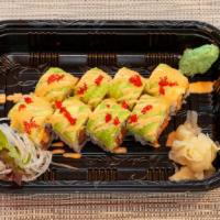 Out Of Control Roll · (spicy salmon/tuna/ Yellowtail/cucumber with Avocado, Red Tobiko. with spicy mayo)