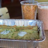 Chicken Enchiladas Suizas Meal Deal (Serves 4) · Machaca chicken, red Chile sauce, tomatillo sauce, jack geese, and topped with sour cream. Y...