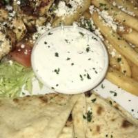 Greek Platter · Your choice of gyro,or chicken, souvlaki. Vaso's seasoned meats with oven-toasted pita bread...