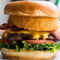 Bbq Bacon Cheeseburger · 1/3lb certified Angus beef patty served with crispy bacon, crisp lettuce, fresh tomato, our ...