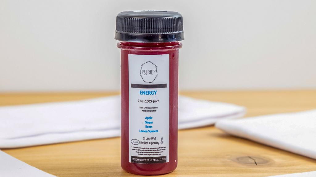 Cold-Pressed Energy Shot · COLD-PRESSED Ginger, Beets, Apples and a dash of Lemon. This shot will make for a great pre-workout as the beet helps blood flow and increased energy. The ginger also helps with inflammation.