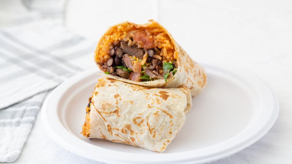 Burrito Select · Large flour tortilla, rice, choice of pinto or black beans, choice of meat, choice of salsa, lettuce, sour cream, cheese.