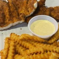 Chicken Fingers · Chicken breast wedges, breaded and served with fries, plain or tossed in your choice of wing...