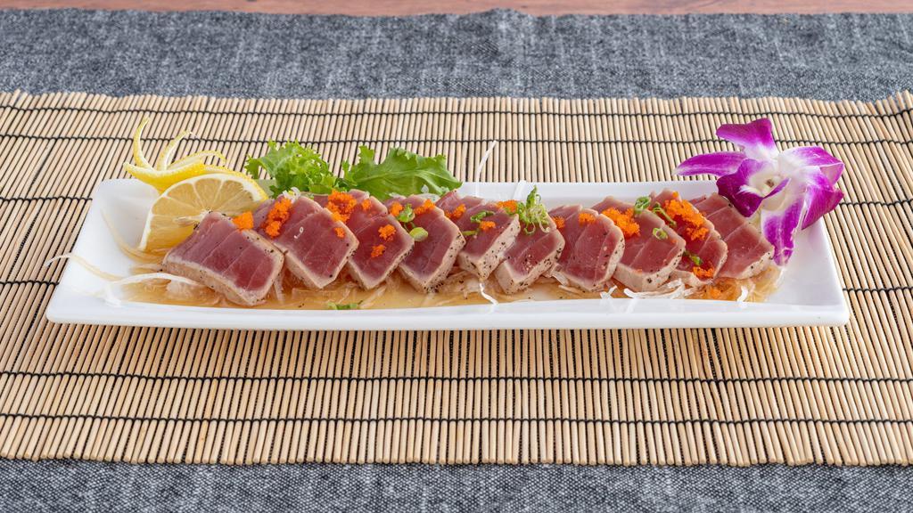 Blackened Tuna Tataki · Seared tuna with ponzu sauce.