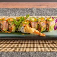 Sakae Roll · Shrimp tempura and spicy tuna inside; layer with avocado then topped with hamachi, jalapeños...