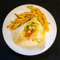 Jerk Chicken Wrap · Chopped Jerk Chicken, lettuce, tomato, and our homemade spicy mayo. Served with a side of fr...