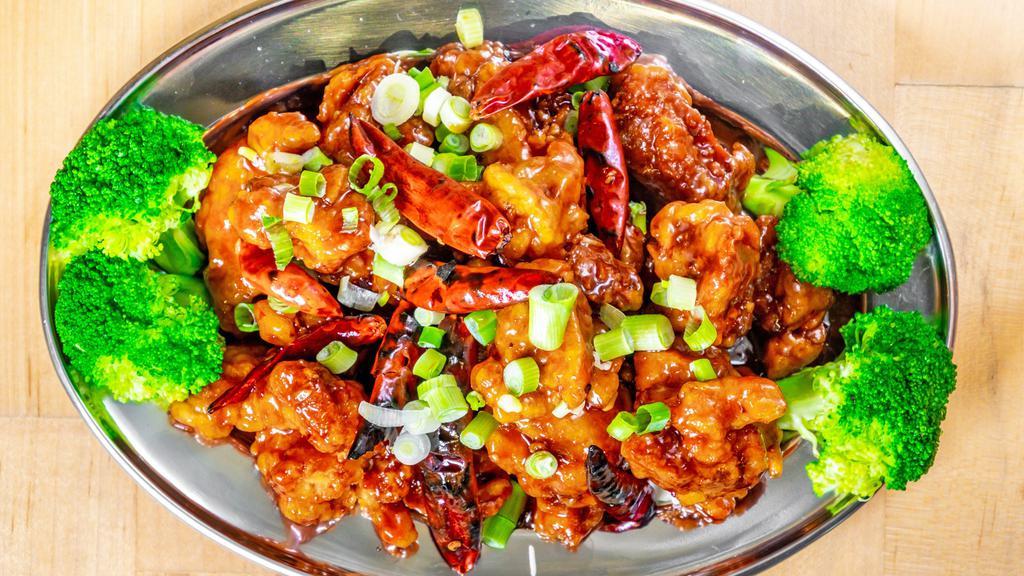 General Chow Chicken · Spicy. Served with steamed rice and fortune cookie. Hot and spicy.