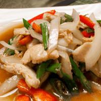 Pad Prik Sod · Your choice of meat sautéed with garlic,. fresh green chili, scallions, onions,. carrots and...