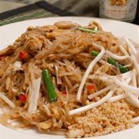 Pad Thai · Your choice of meat stir-fried with thin. rice noodles, red tofu, bean sprouts,. crushed roa...