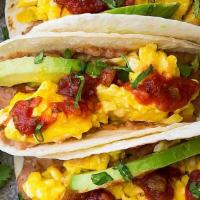 Eggs, Cheese, And Beans Tacos (2 Or 3) · Scrambled eggs, black beans, and melted cheddar cheese on a fresh corn tortilla.
