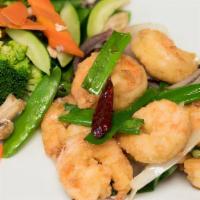 Salt & Pepper Shrimp · Lightly fried shrimp tossed with five spicy favorites and steamed vegetables.