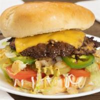 Craft Burger · Spicy. Double patty, American cheese, caramelized onions, grilled jalapeños, shredded lettuc...
