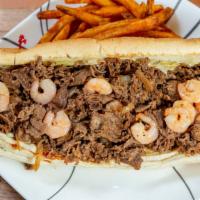 Shrimp Cheese Steak Sub · Real rib eye beef steak or chicken breast steak and seasoned shrimp on a sub roll with one c...