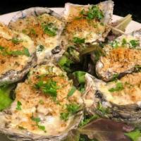 Baked Oysters (6) · 6 Large Local Oysters, Spinach, Parmesan, Garlic Breadcrumbs, Cream, Baked