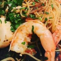 Paella, Italian · Pan Roasted Angel Hair Pasta, Lobster Tomato Broth, Jumbo Scallop, Shrimp, PEI Mussles, Lump...