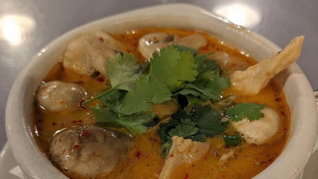 Tom-Kha-Gai (Coconut Milk Soup) · Spicy.  Chicken in coconut milk soup with galanga mushrooms,  lime juice,  chili, and herbs. Add noodles for additional charge.